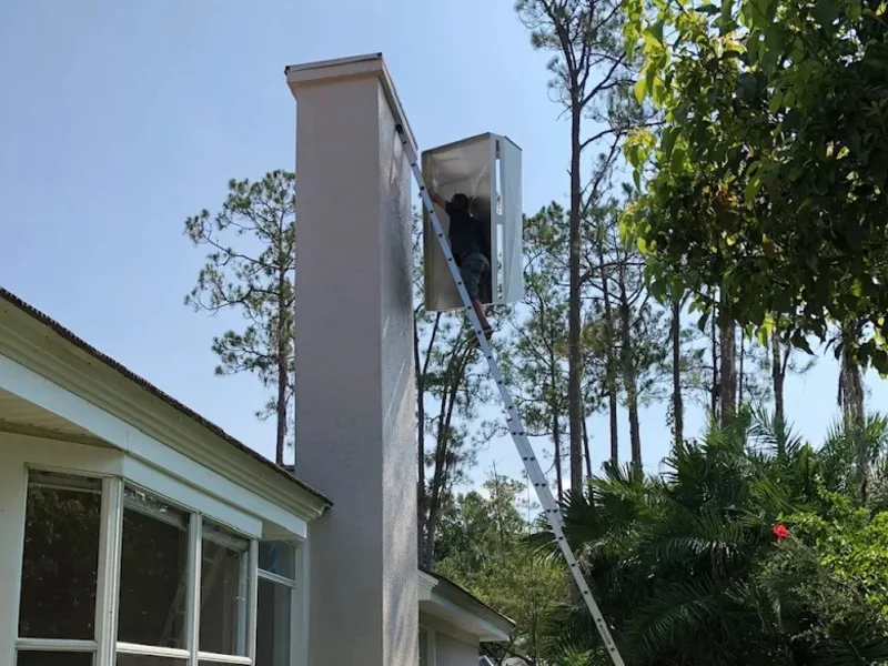 Stainless steel chimney cap installed on tall stucco chimney with ladder in Florida